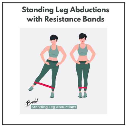 An illustration of a woman performing banded standing leg abductions, a resistance band around the ankles.