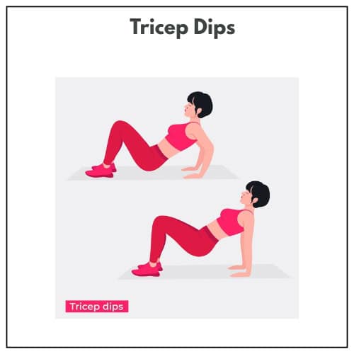 An illustration of a woman demonstrating tricep dips, shown in two stages of the exercise.