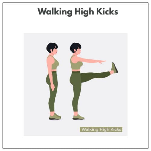 A woman in athletic wear is shown doing walking high kicks.