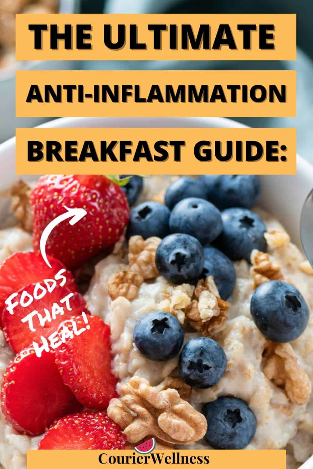 A bowl of oatmeal topped with strawberries, blueberries, and walnuts — a nourishing anti inflammation breakfast rich in fiber and antioxidants.