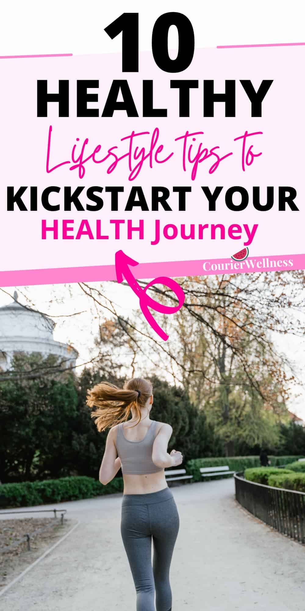 A woman jogging through a park path, reflecting healthy lifestyle tips that encourage regular outdoor exercise.