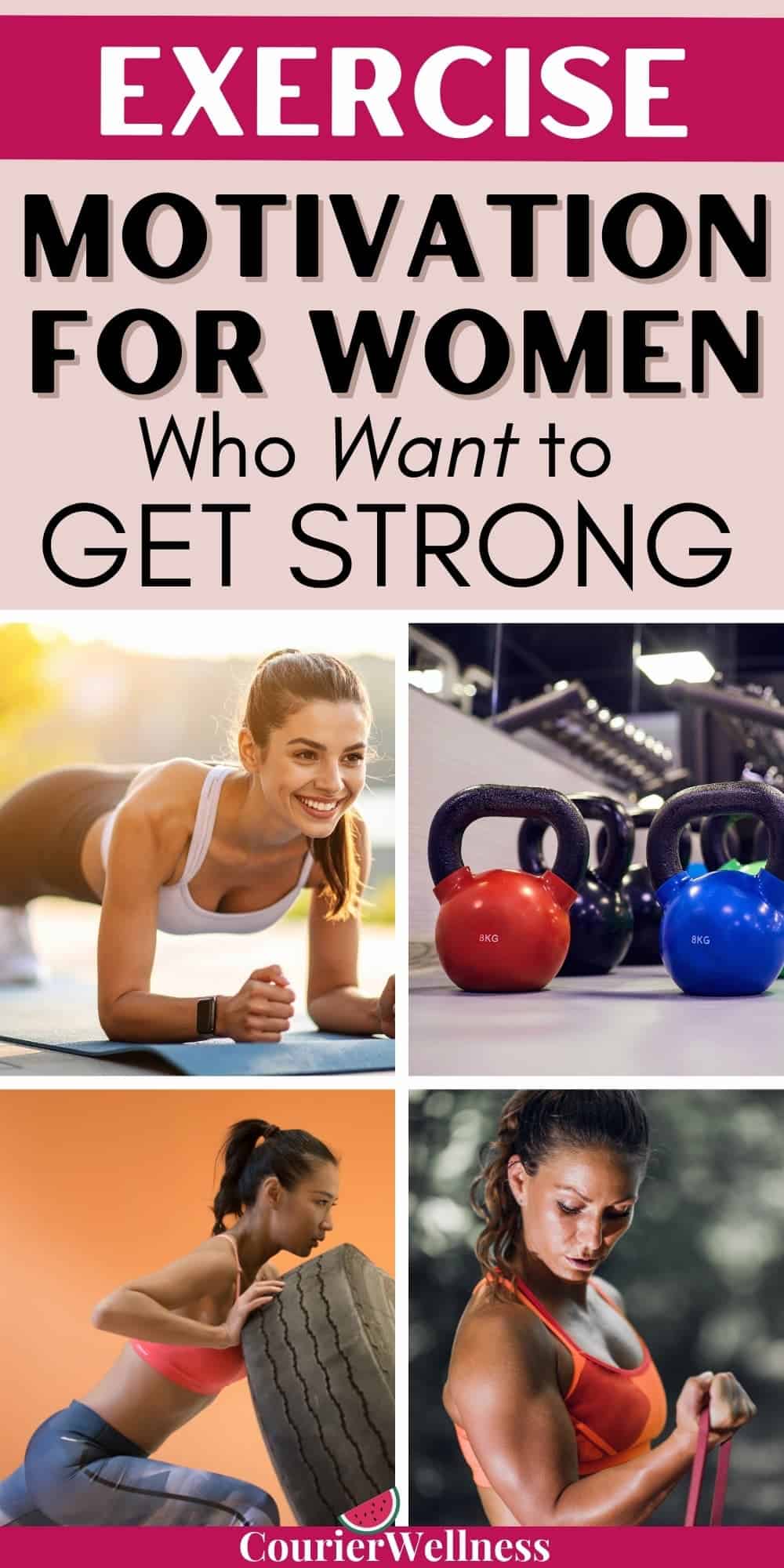 Four images showcasing women performing strength exercises in the gym, providing exercise motivation for women to stay consistent and strong.