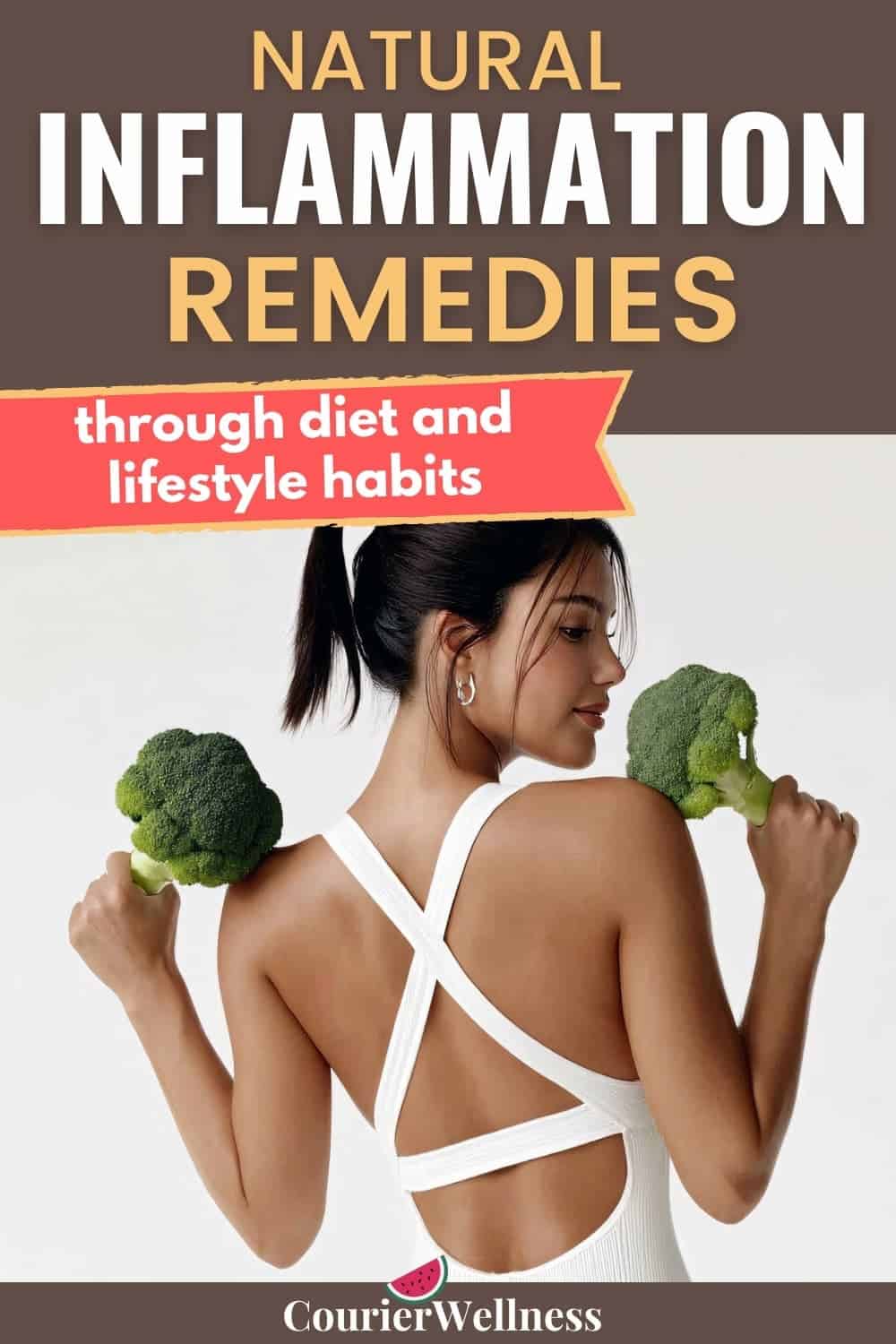 A woman playfully holds broccoli florets like dumbbells, symbolizing plant-based inflammation remedies that support overall wellness.