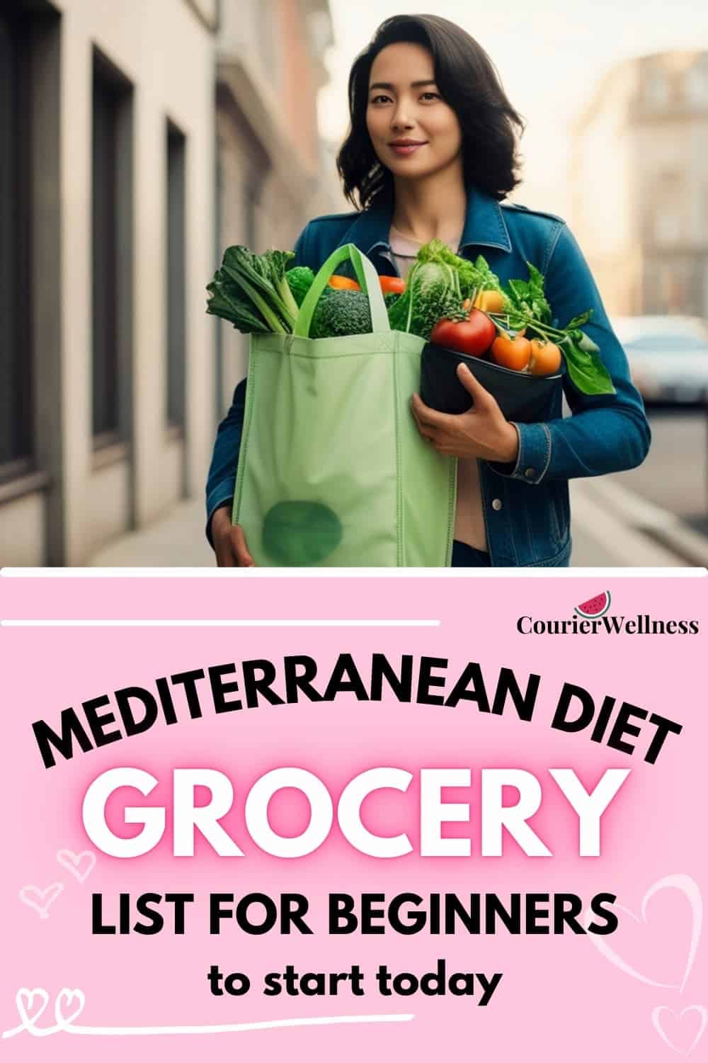 A woman walking with a reusable shopping bag packed with fresh produce, tomatoes, and oranges, representing a simple Mediterranean diet grocery list.