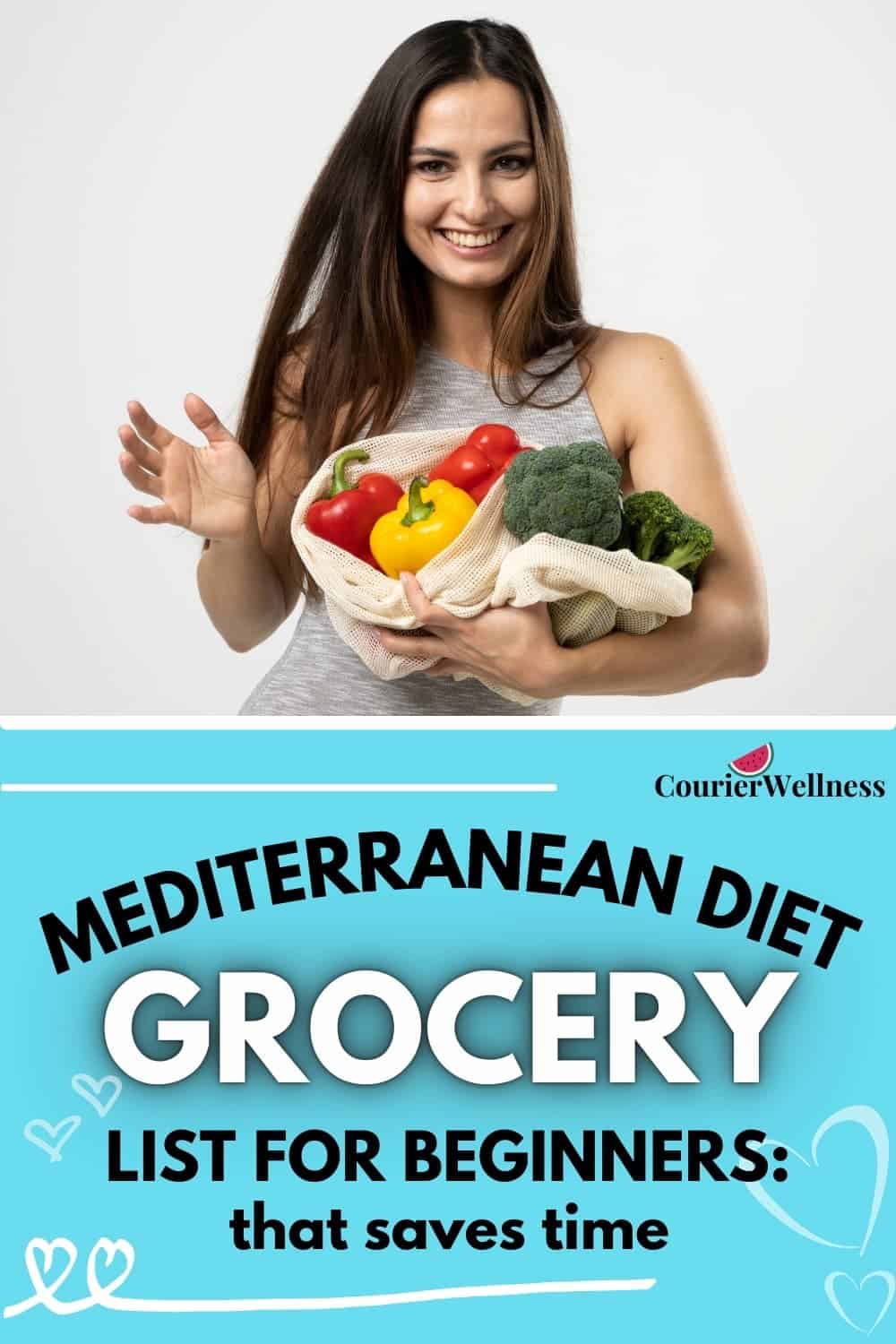 A smiling woman holding a reusable bag filled with bell peppers, tomatoes, and broccoli from a Mediterranean diet grocery list.