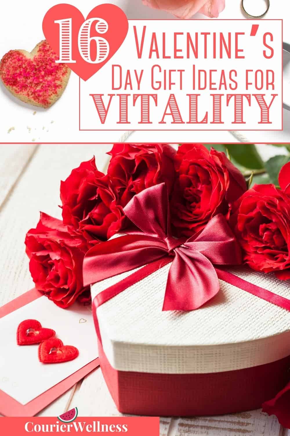 Heart-shaped gift box with red ribbon, surrounded by roses and a card with heart buttons, highlighting Valentine’s Day gift ideas.