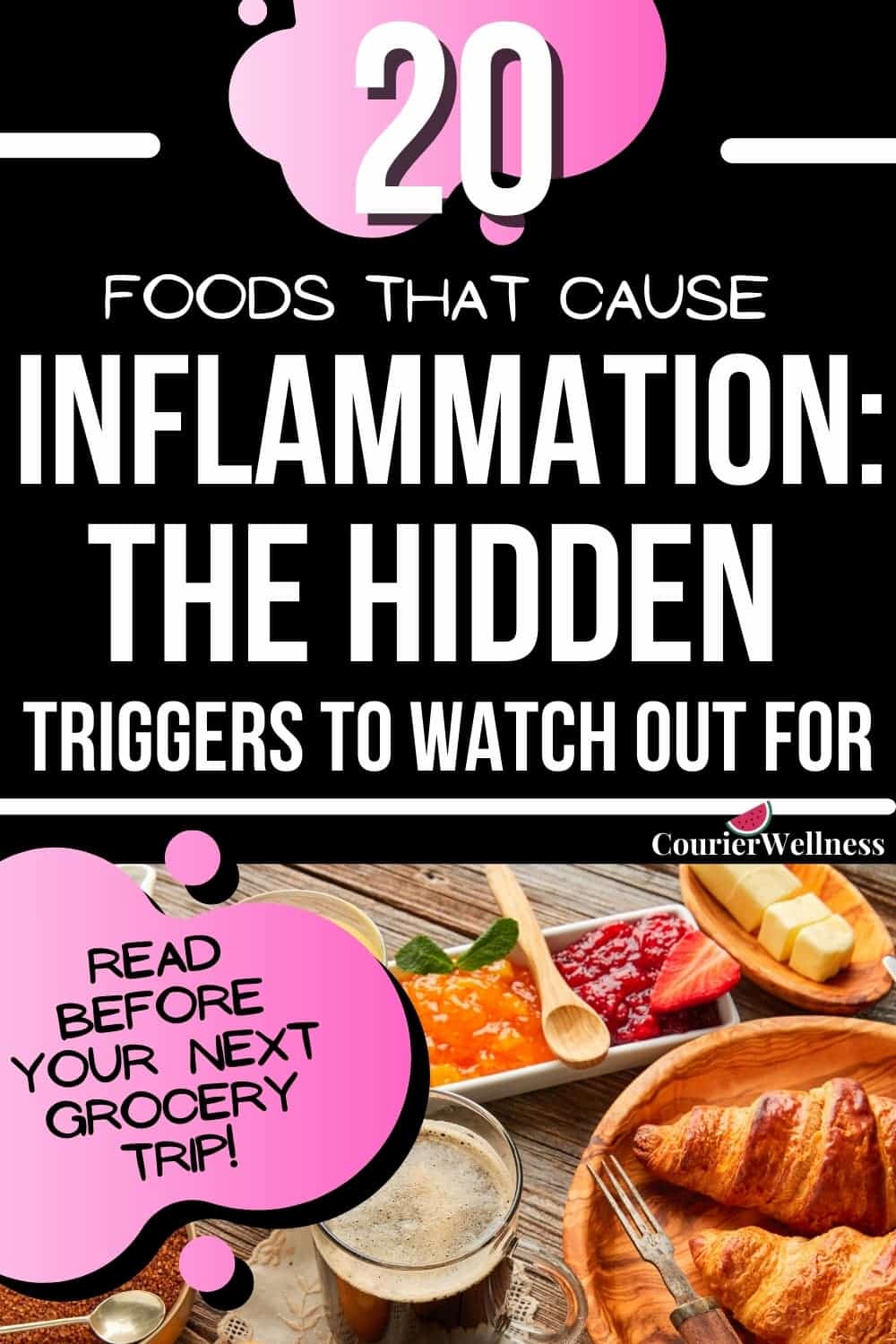 A breakfast table with croissants, butter, jam, coffee, and juice, showing refined carbs and sugars often listed among foods that cause inflammation.