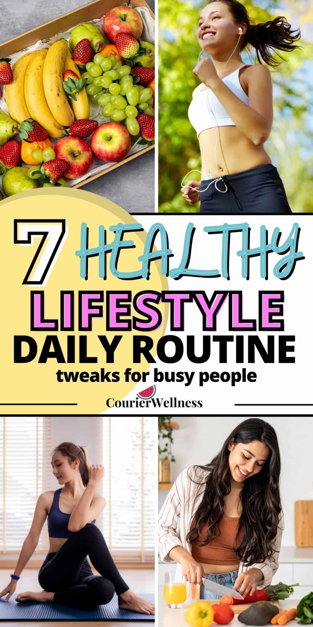Four images combining healthy meals, exercise, and yoga, offering ideas for a balanced daily routine and healthy lifestyle.