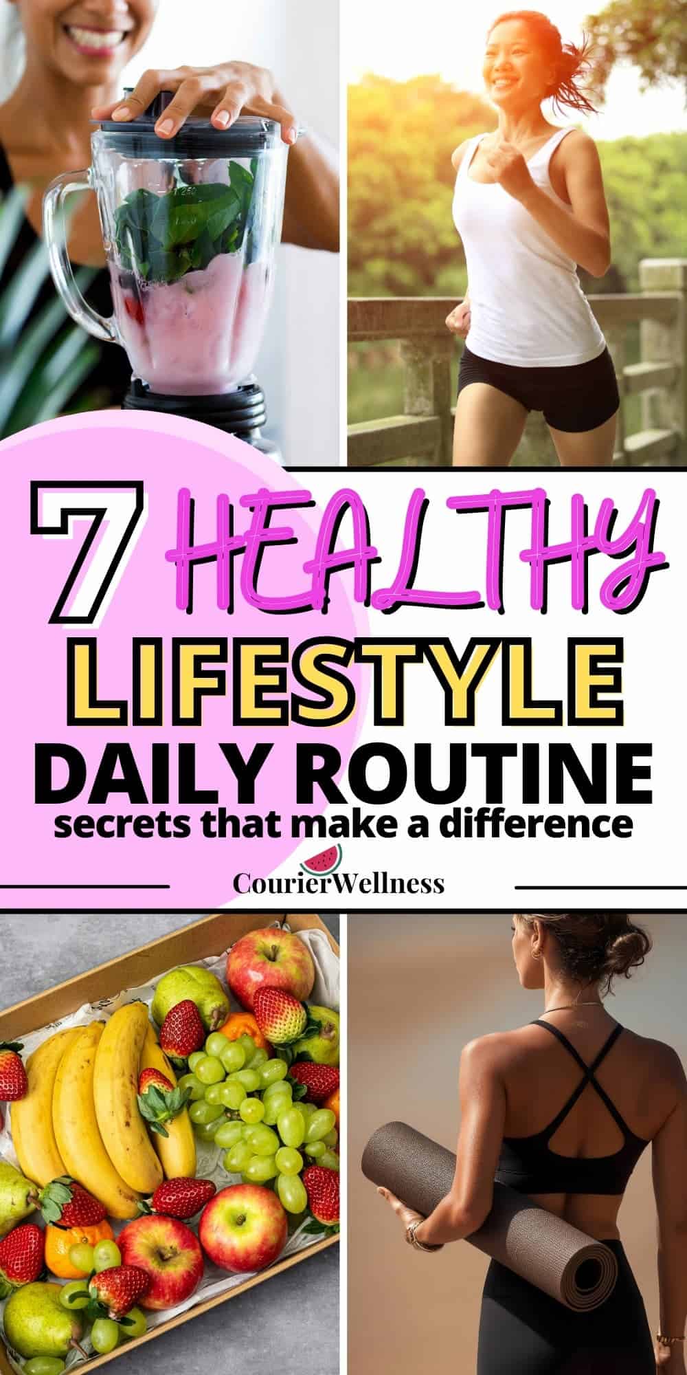 Four images featuring nutritious food and stretching, inspiring simple habits for a healthy lifestyle each day.