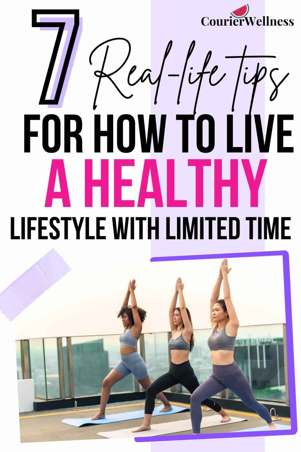 Three women practice yoga on a rooftop with a city skyline behind them, highlighting how to live a healthy lifestyle by prioritizing flexibility, balance, and mindful movement.