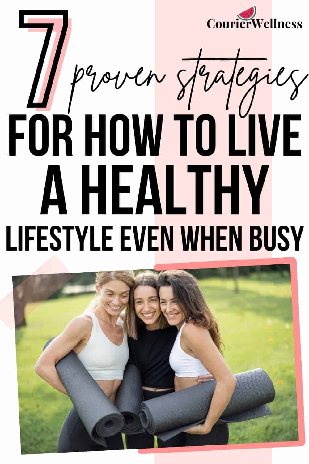 Three friends in athletic wear embrace outdoors while holding yoga mats, reflecting how to live a healthy lifestyle by combining fitness, friendship, and time in nature.
