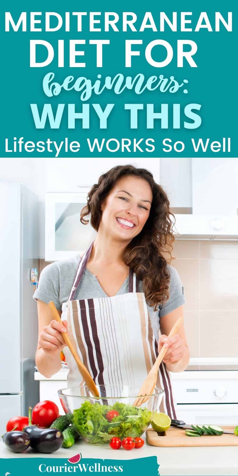 A woman smiles while tossing a fresh salad with vegetables on the counter, showing an easy Mediterranean diet for beginners meal idea.
