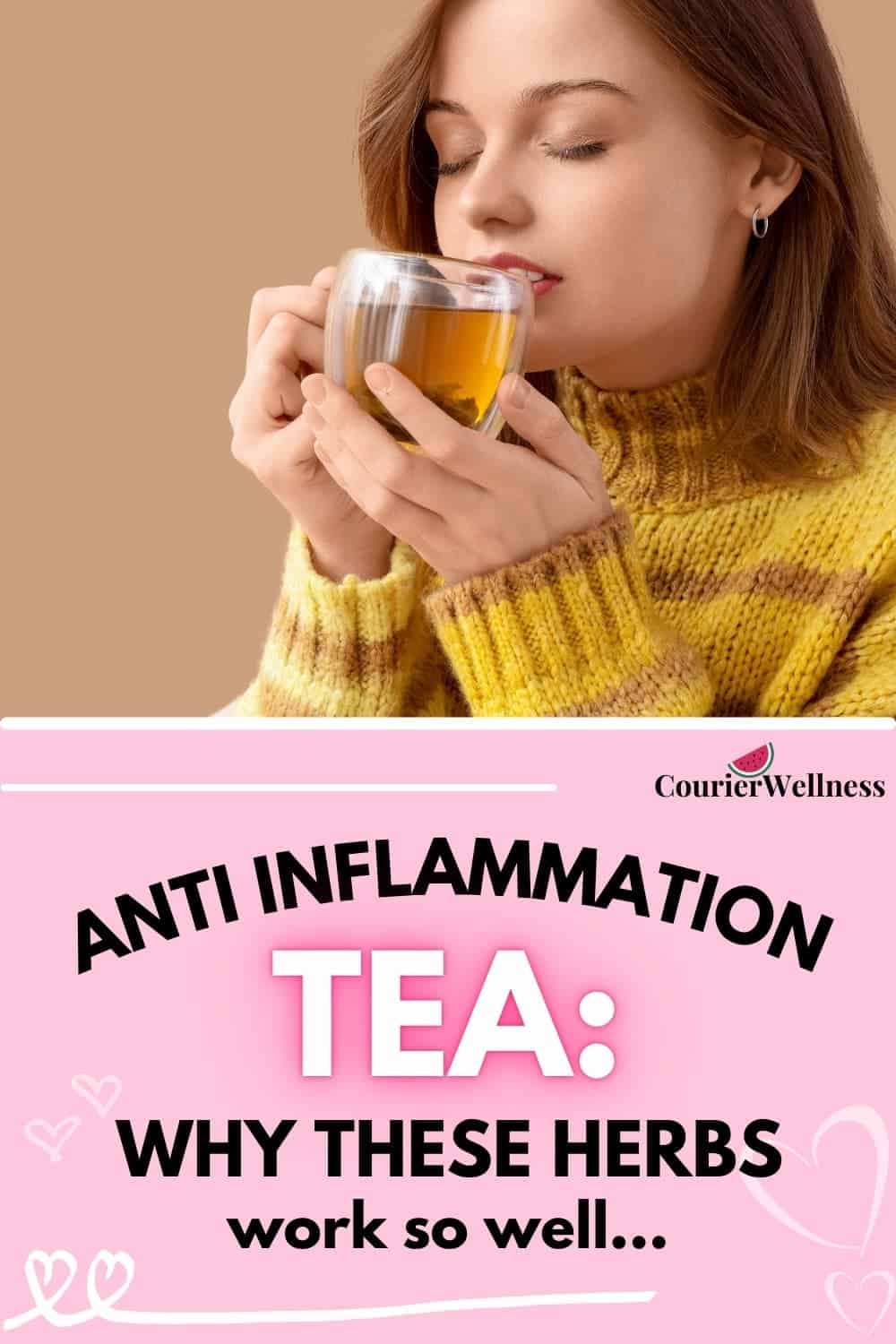 Cozy scene of woman wearing yellow sweater enjoying a warm cup of anti-inflammation tea.