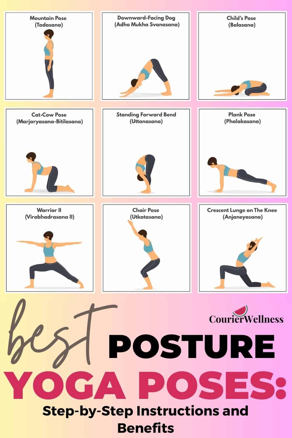 Pin showing various illustrated yoga poses, serving as a visual guide for practicing yoga poses.