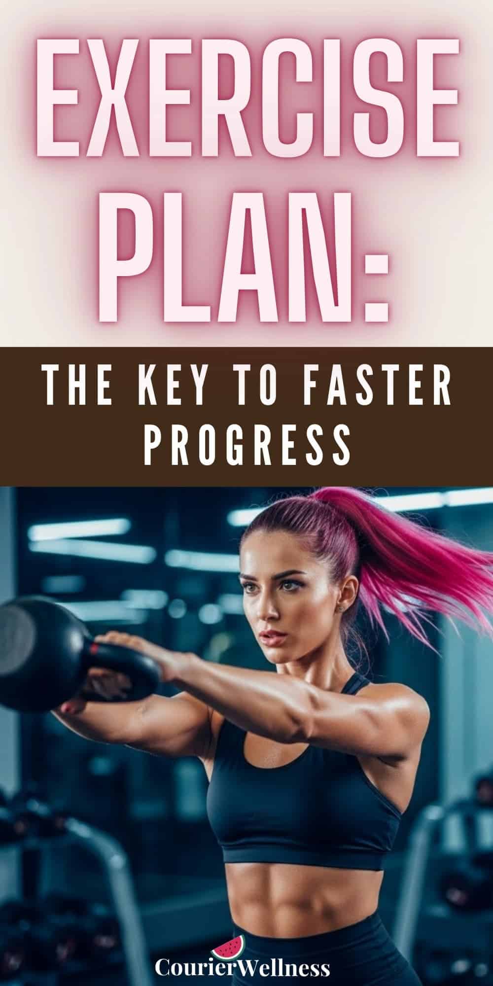 A woman with pink hair swings kettlebell with intensity, demonstrating a dynamic exercise plan.