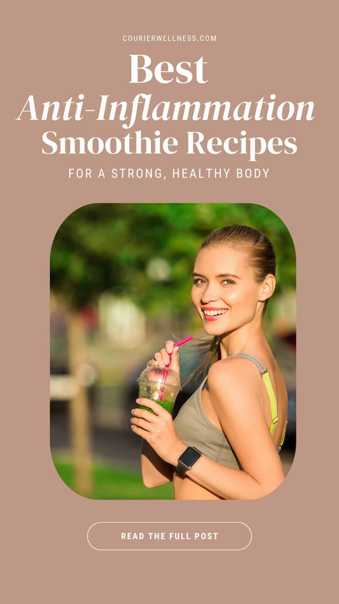 Smiling woman holding a green anti-inflammation smoothie with pink straw, wearing a smartwatch in a bright setting.