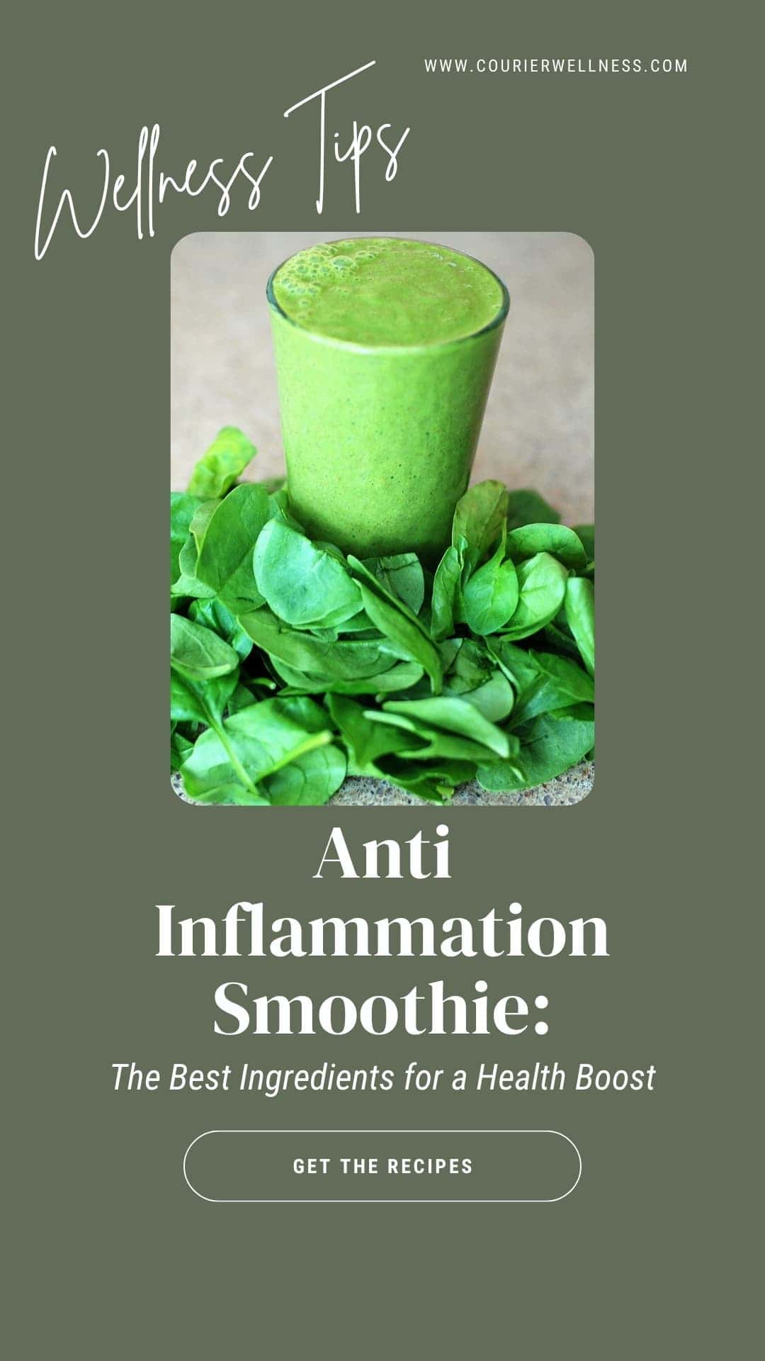 Tall glass of green anti-inflammation smoothie surrounded by fresh spinach leaves on a clean surface.