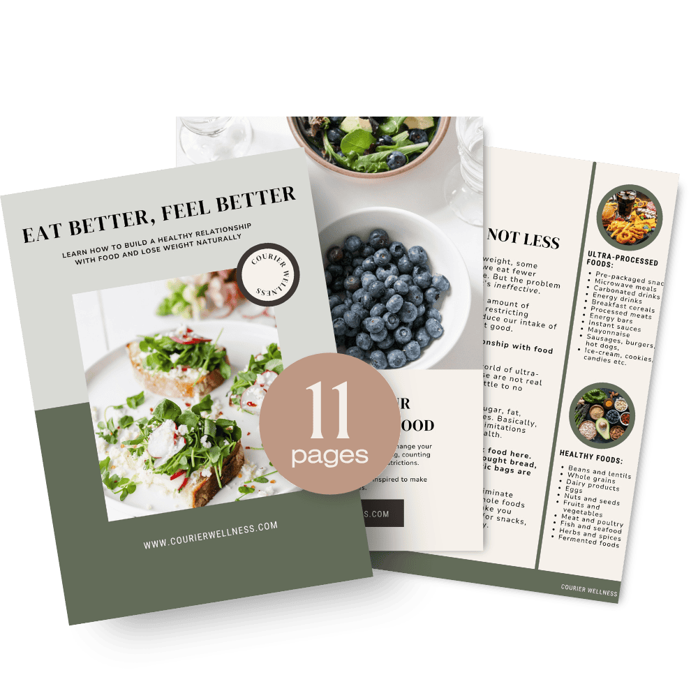 A mockup of 3 pages from our opt-in freebie on how to create a healthy relationship with food.