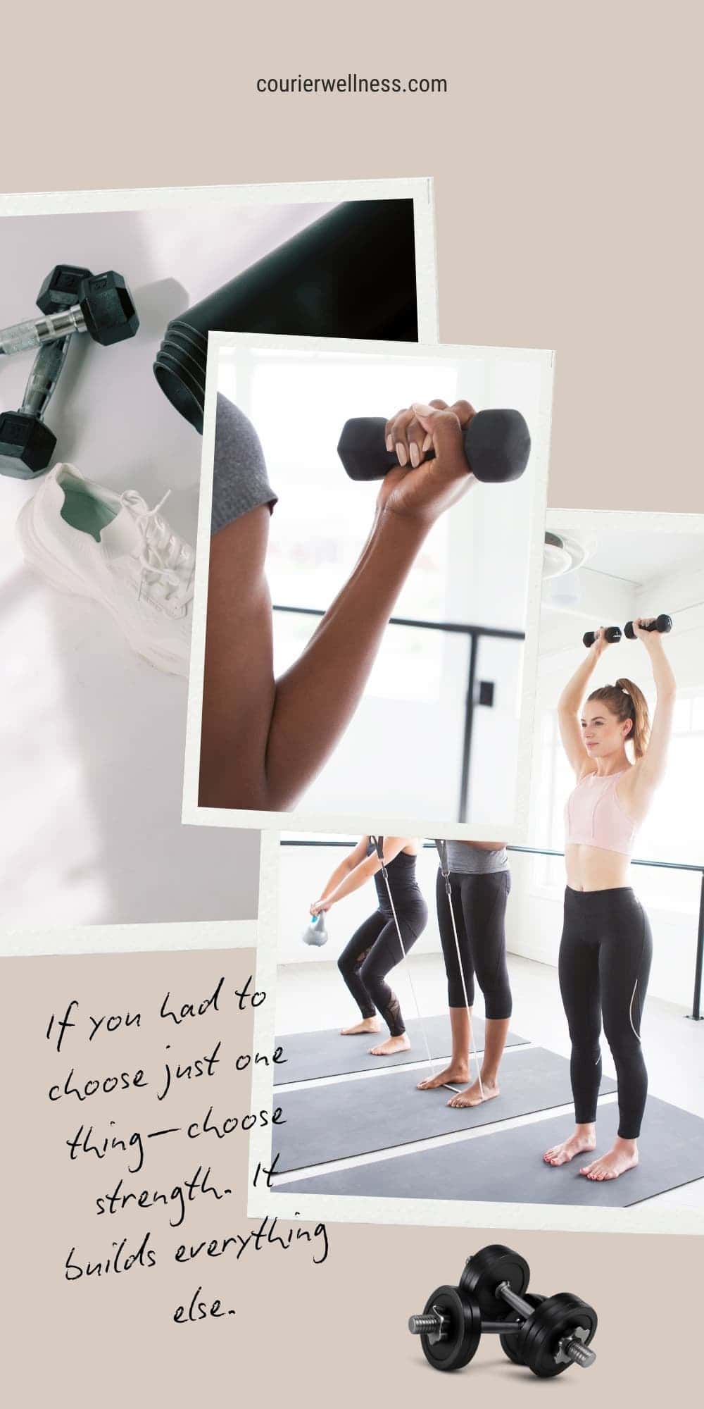 Mood board pin showing women doing strength training exercises, with inspirational text about building strength and fitness.