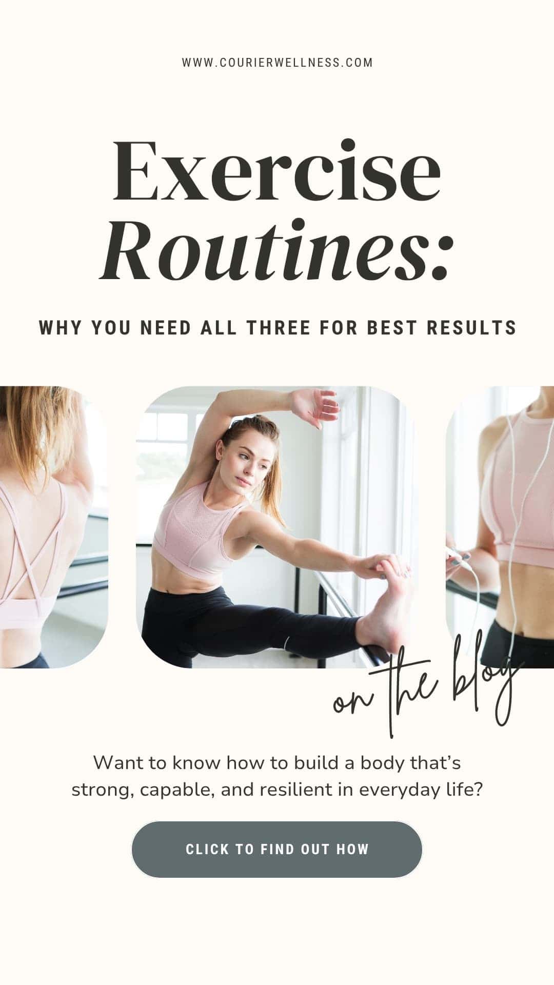 Collage showing a woman in athletic wear stretching and preparing for exercise routines.