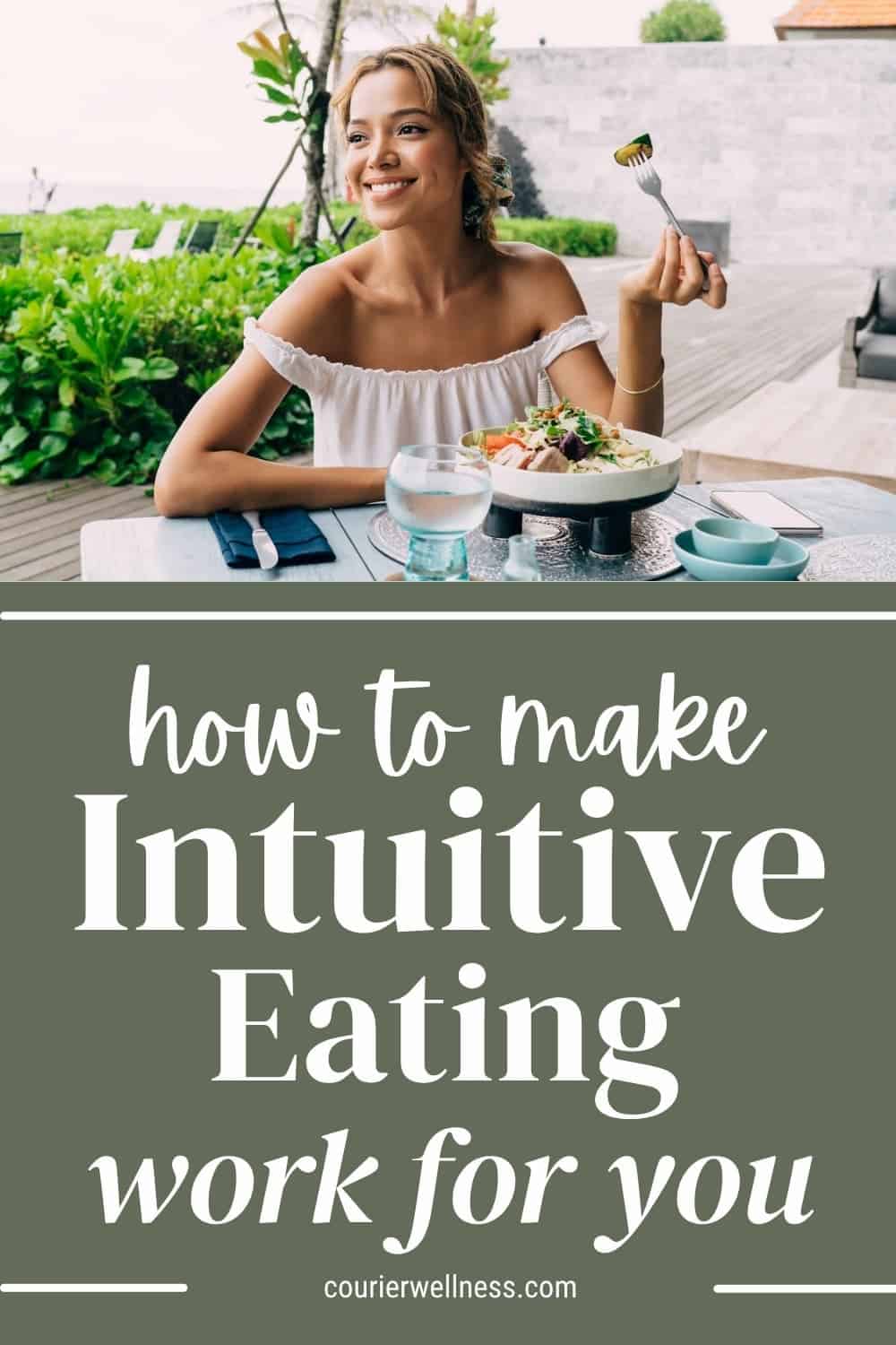 Woman enjoying salad outdoors with ocean view, practicing mindful intuitive eating in a peaceful setting.