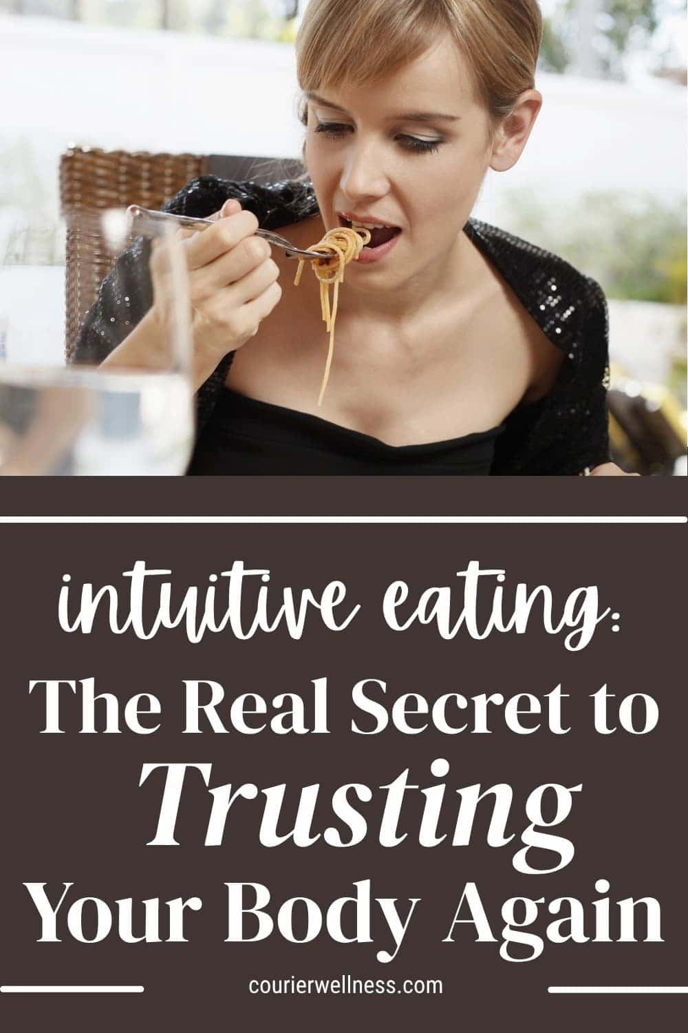 Woman eating spaghetti with fork in stylish outfit, enjoying intuitive eating experience.