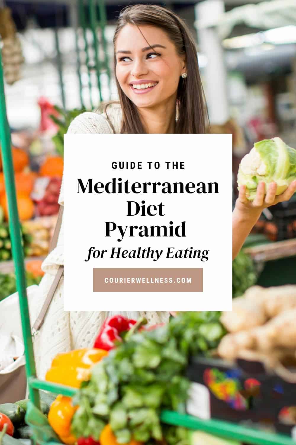 Woman choosing leafy greens at produce market, inspired by the Mediterranean diet pyramid.