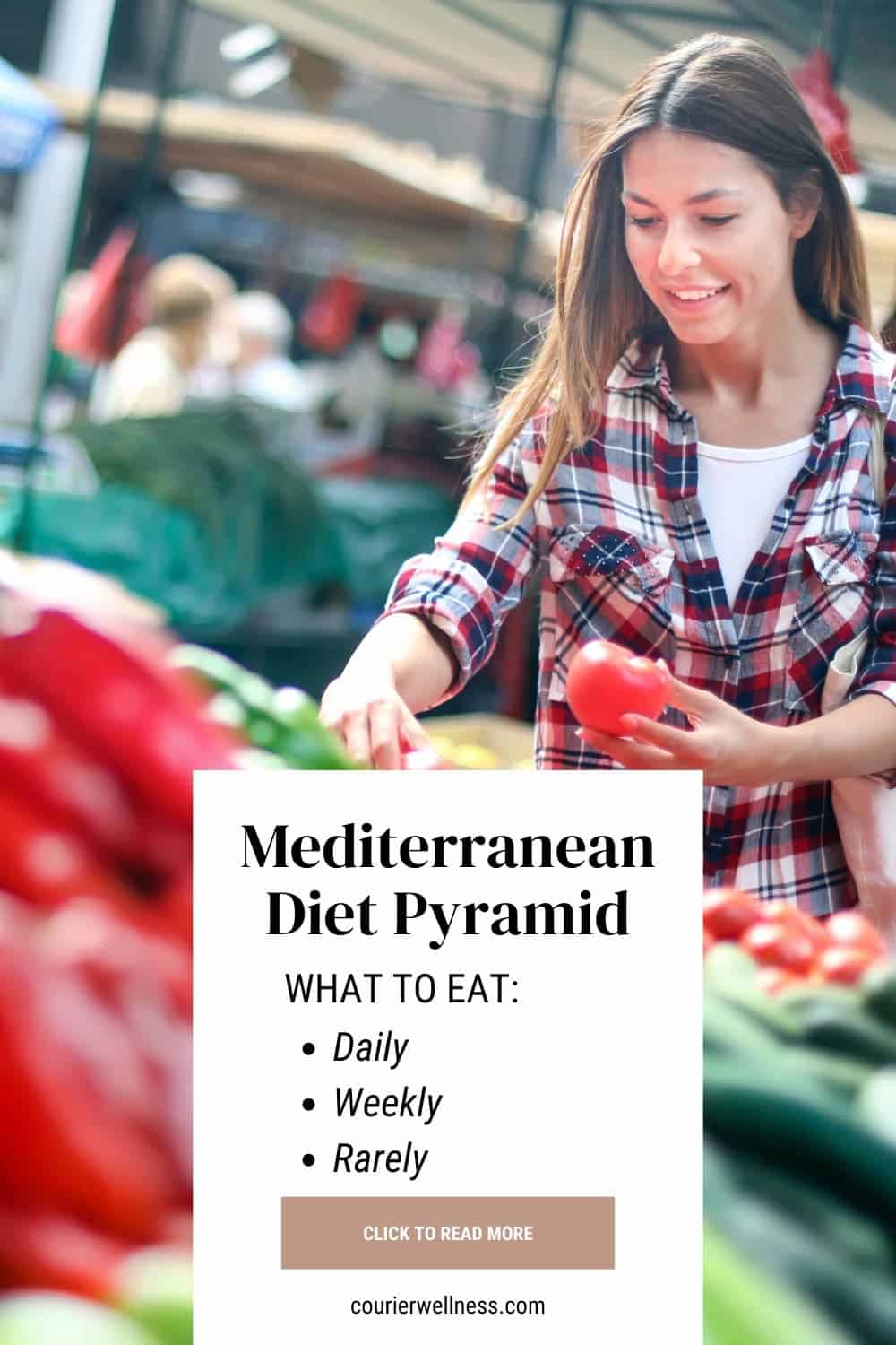 Woman selecting ripe tomatoes at produce stand, reflecting fresh choices from the Mediterranean diet pyramid.