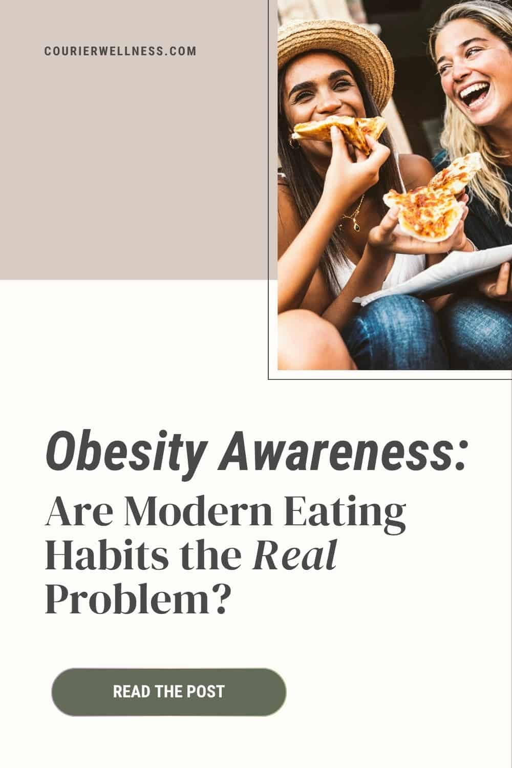 Two women laughing while eating pizza slices together, not fully aware of how modern eating habits can contribute to obesity.