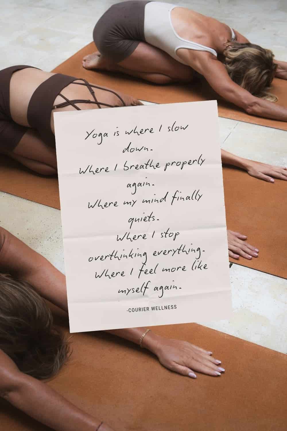 Women practicing child’s pose in yoga with an inspirational handwritten note overlay.