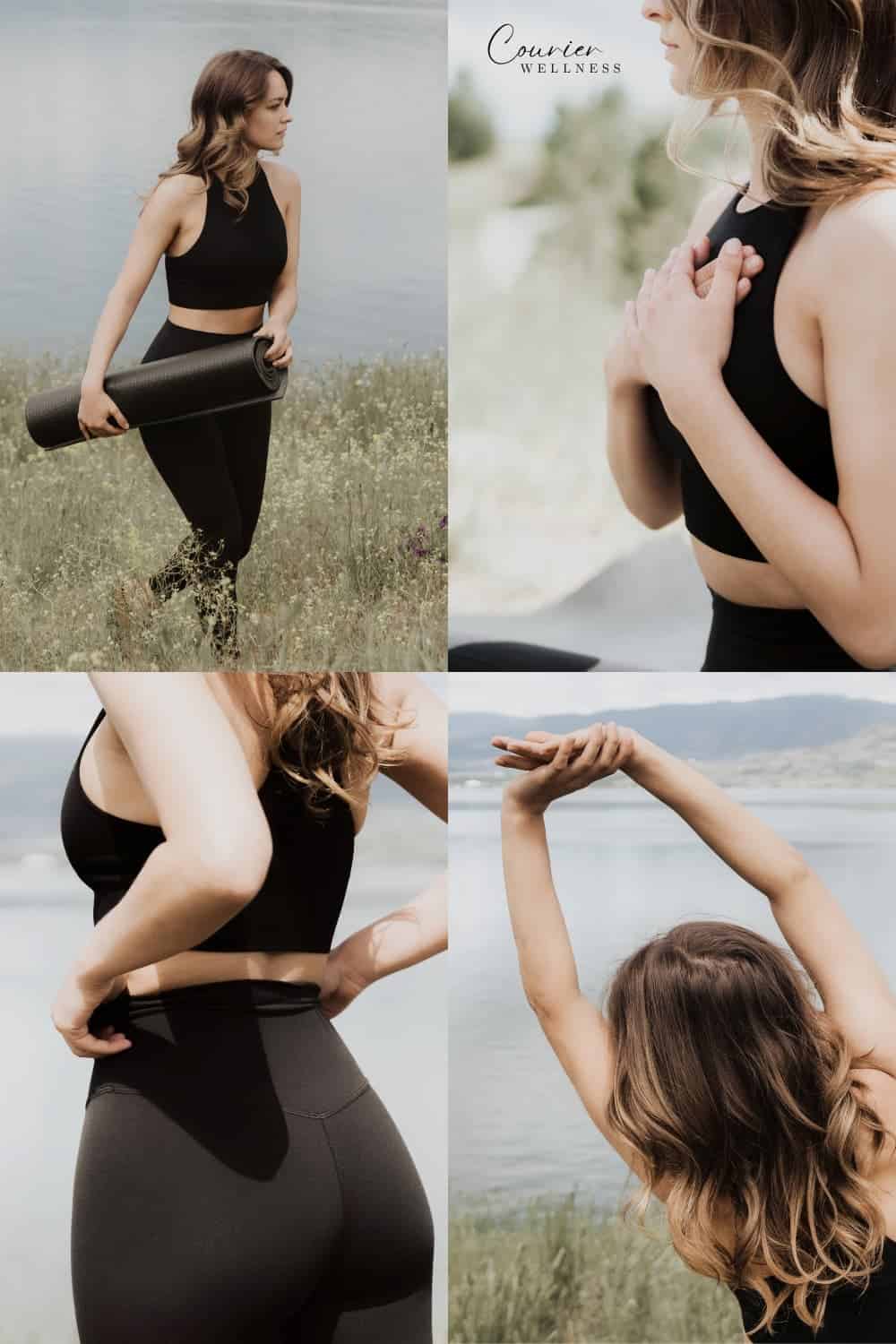Mood board of woman in black yoga outfit practicing poses outdoors in nature.