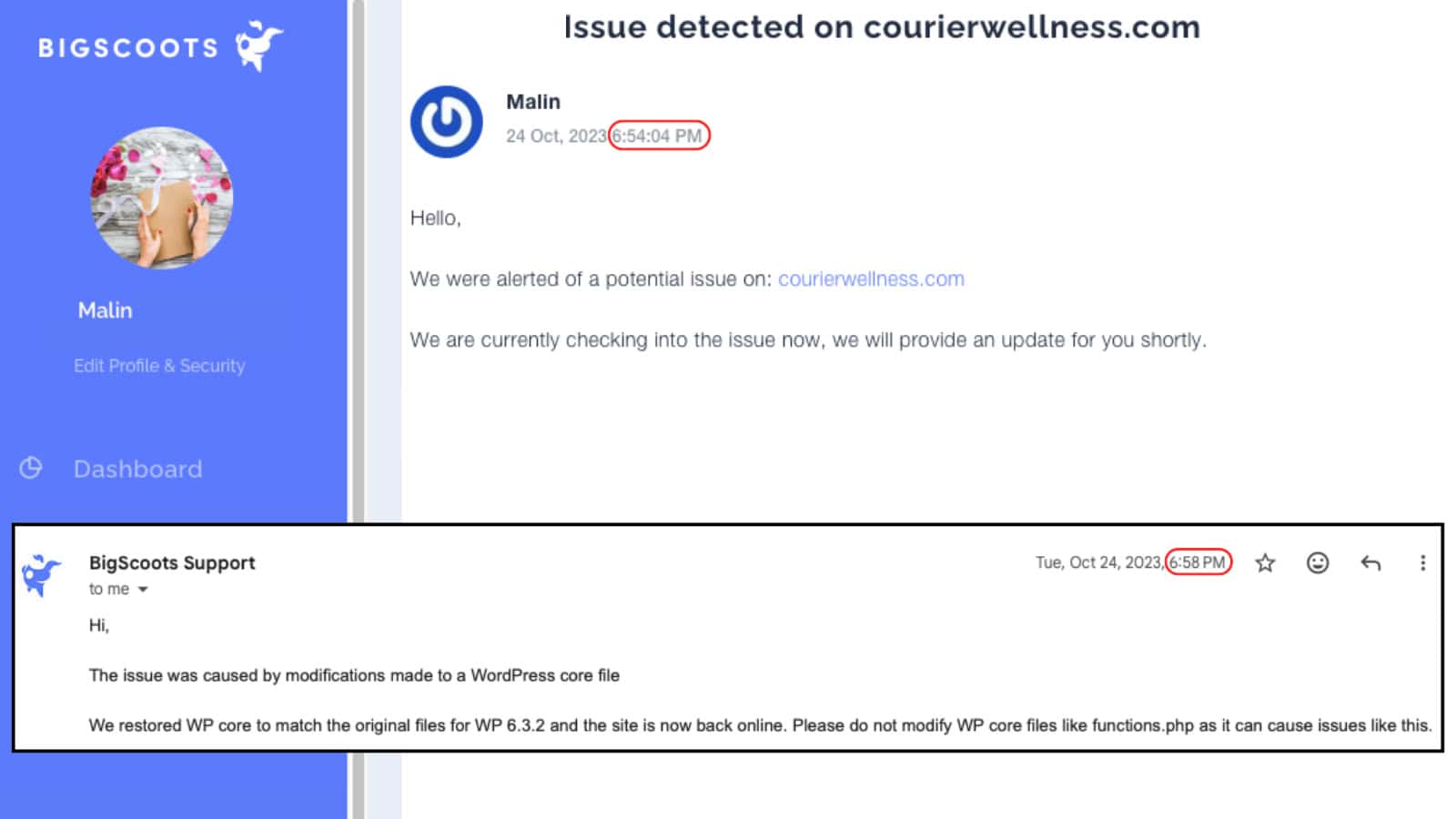 BigScoots support email showing website issue detected and site restored from backup in under 4 minutes.