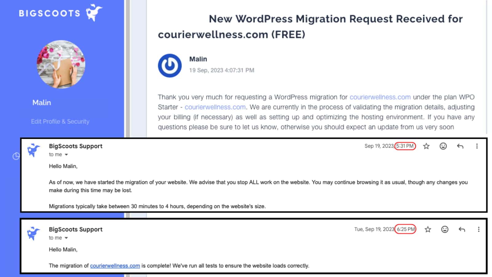 BigScoots WordPress hosting migration emails showing start time at 5:31 pm and completion at 6:25pm.