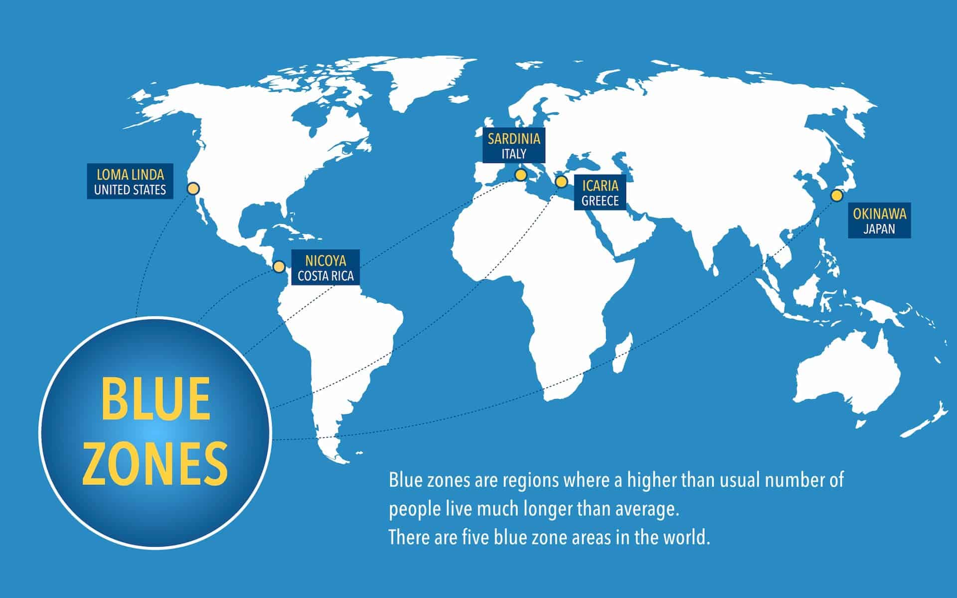 Map of the blue zones of longevity where people live longer than the rest of the world.