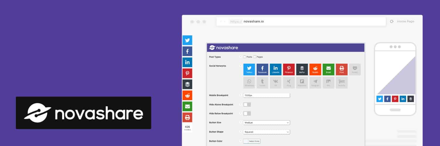 Screenshot of Novashare social sharing plugin settings showing how social sharing buttons are configured in WordPress