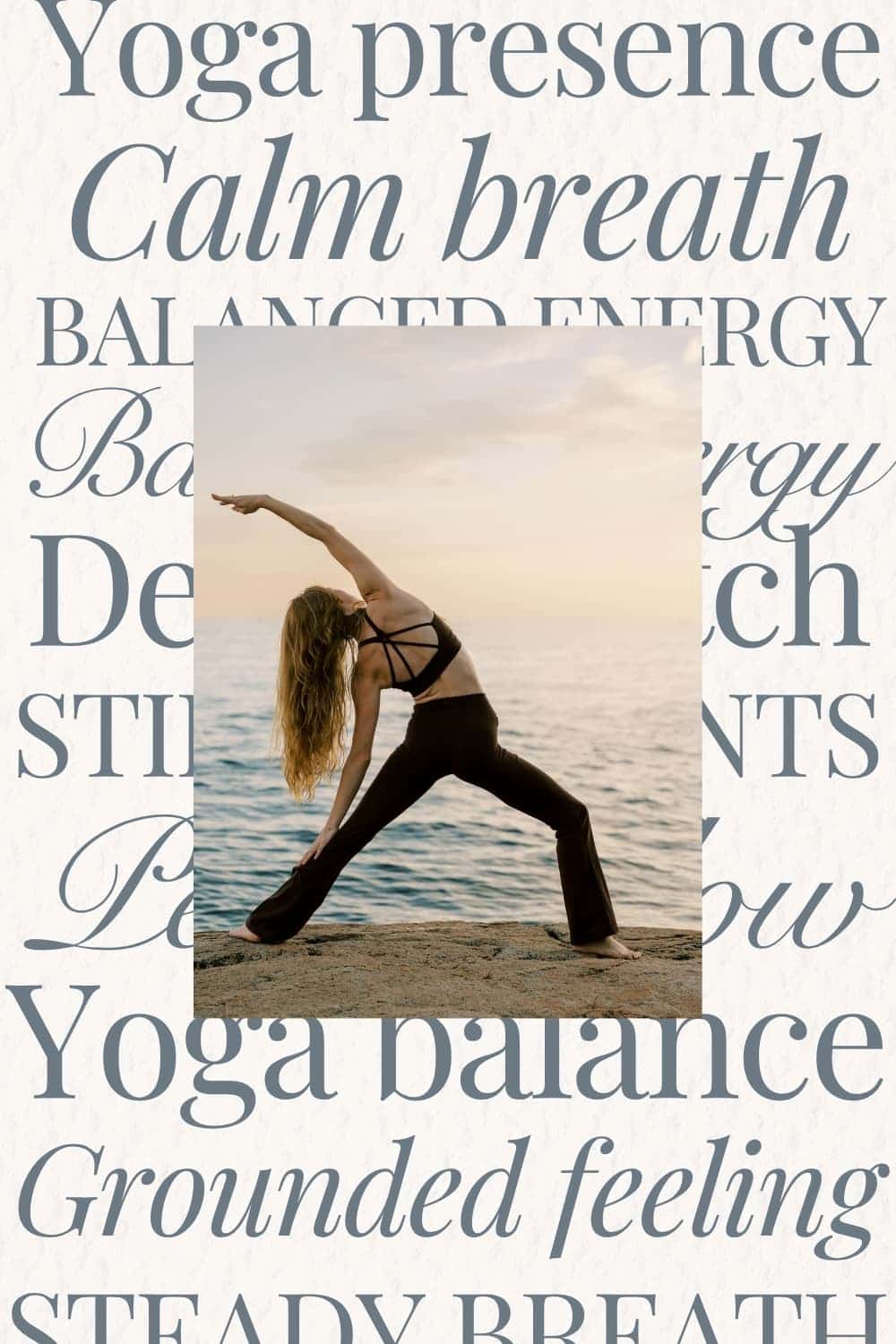 Woman stretching in a yoga pose on a rocky coastline with ocean and sunset backdrop.