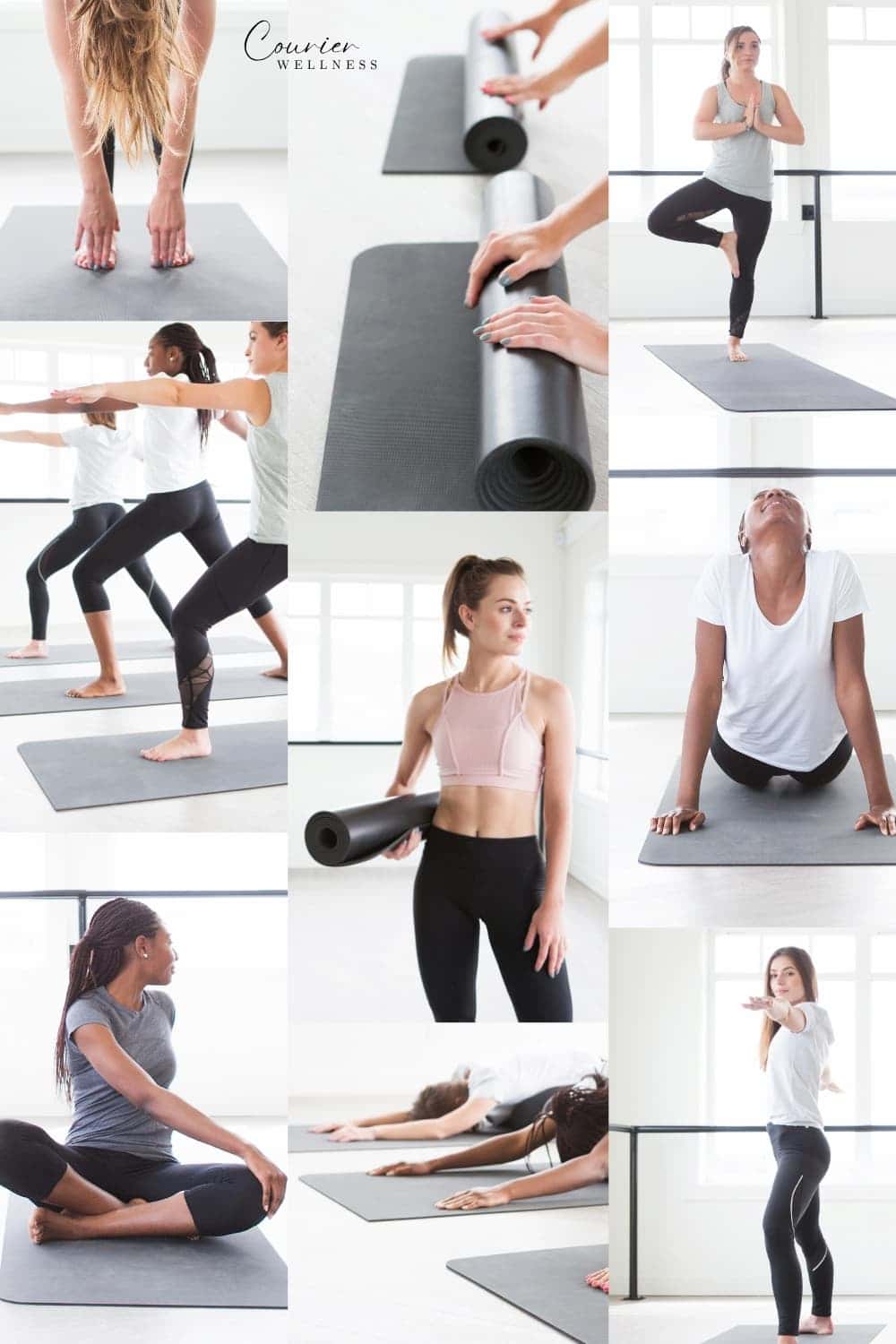 Mood board of women practicing yoga in a bright, light-colored studio.