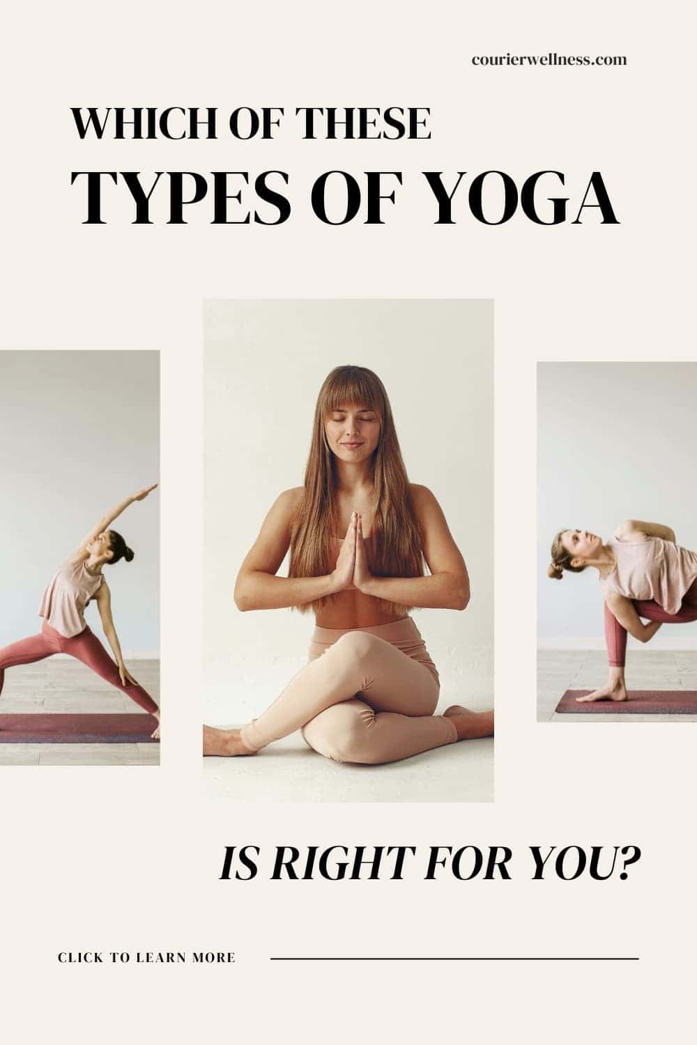 Women performing yoga poses on a light background, illustrating different types of yoga.