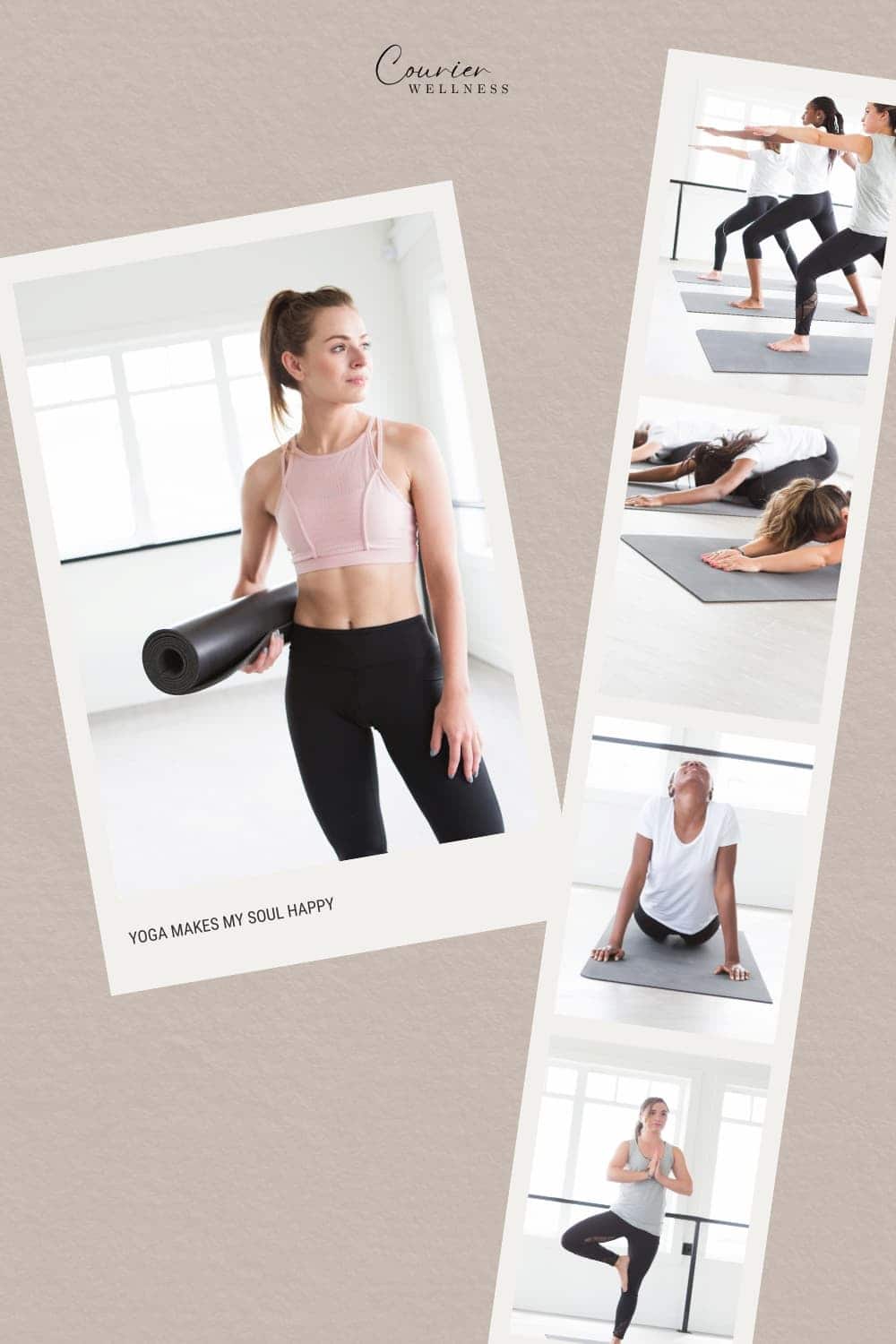 Collage of women practicing yoga in a studio setting.