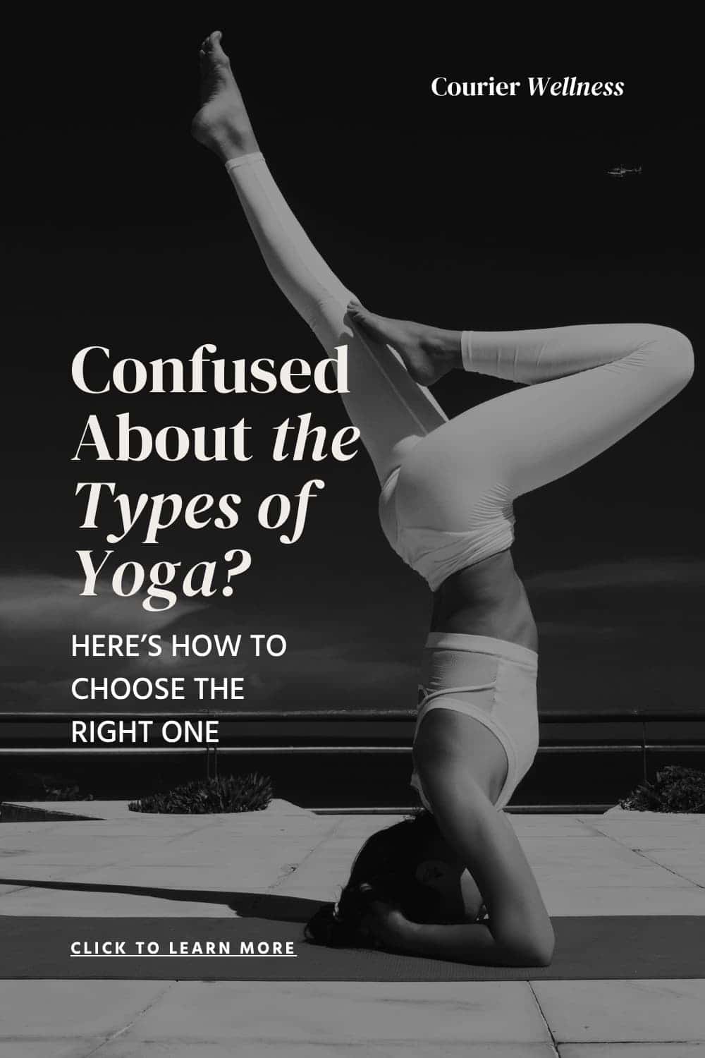 Woman performing a headstand outdoors under a dramatic sky.