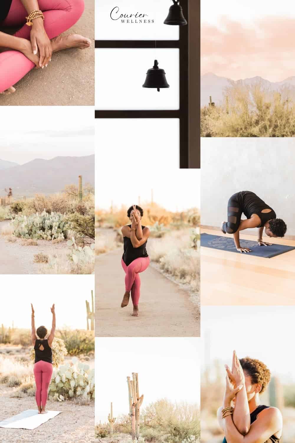 Moodboard showing a woman in pink yoga pants practicing yoga poses in a desert landscape.