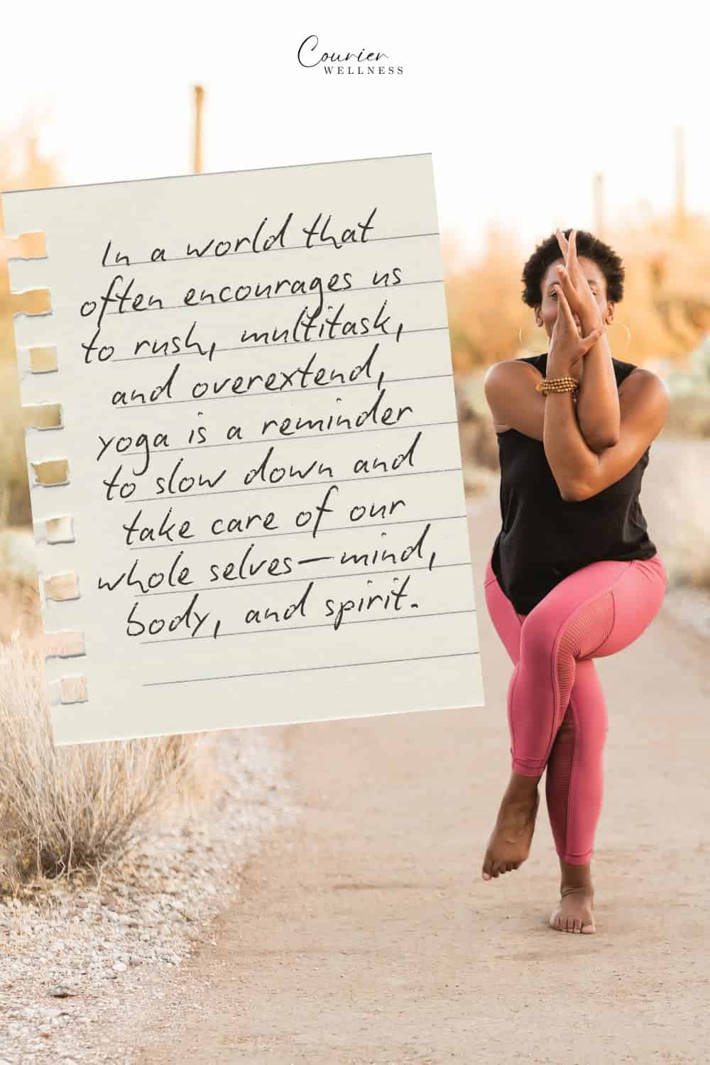 Woman practicing yoga pose on desert path, highlighting flexibility and yoga facts.