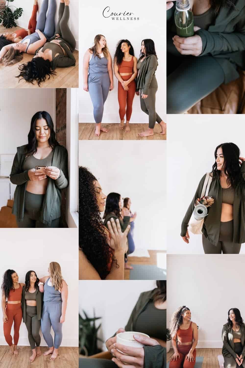 Moodboard of young women enjoying yoga together in a relaxed and social setting.