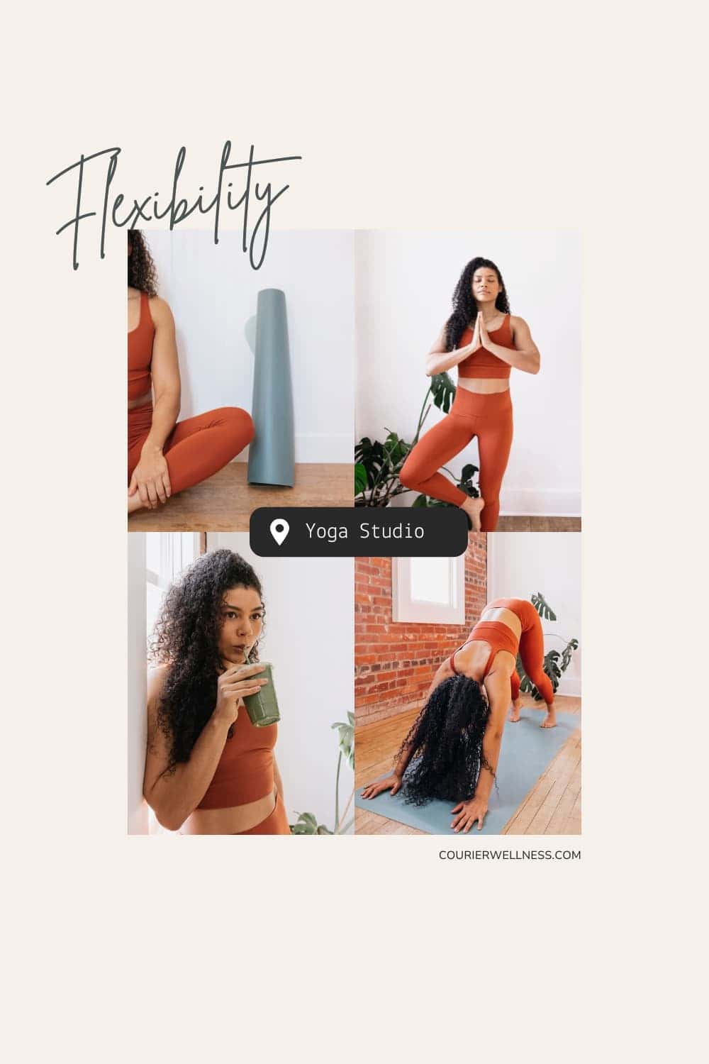 Mood board of woman in burnt orange outfit practicing yoga poses focused on flexibility.