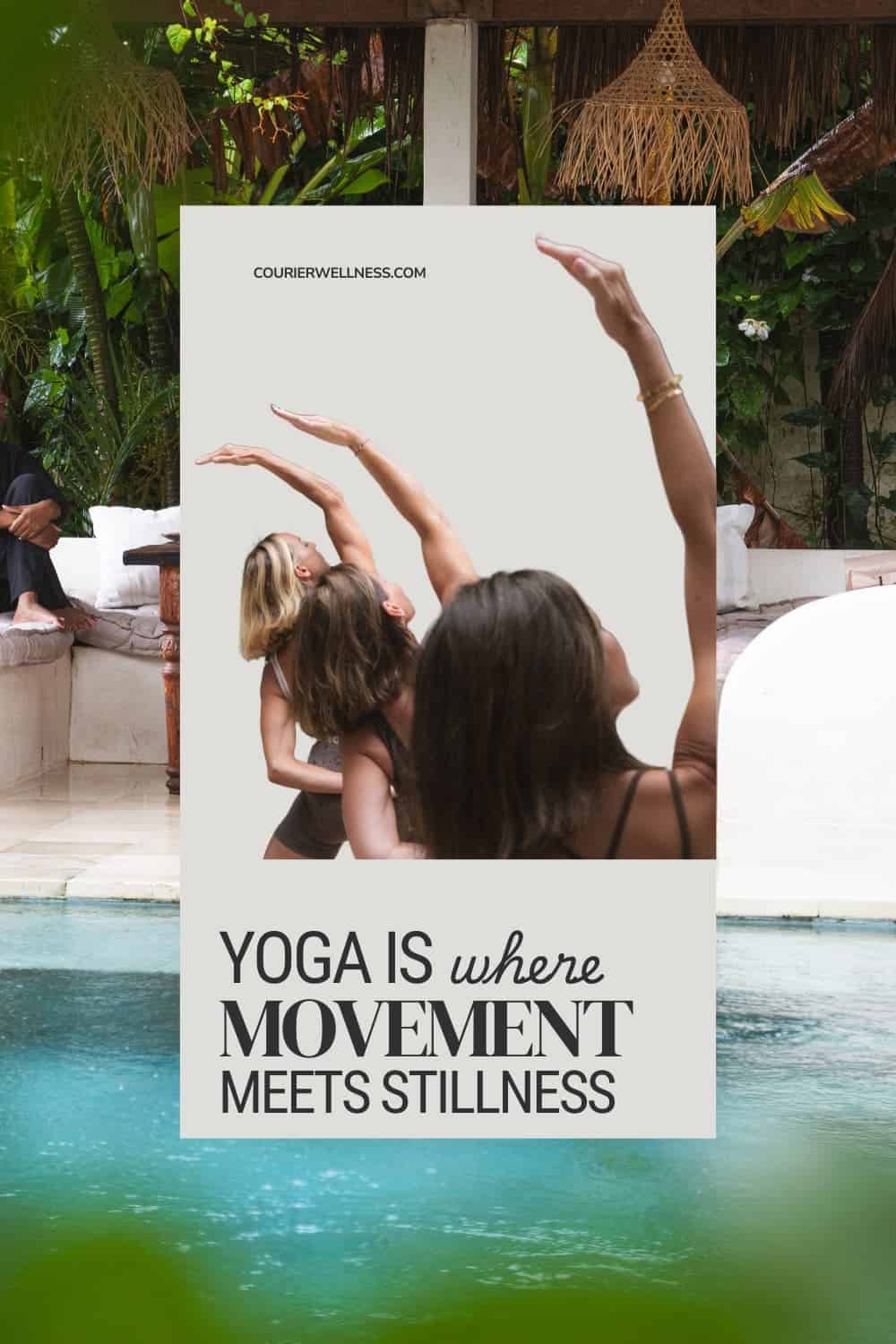Three women doing yoga pose with arms raised and a yoga retreat scene shown behind them.