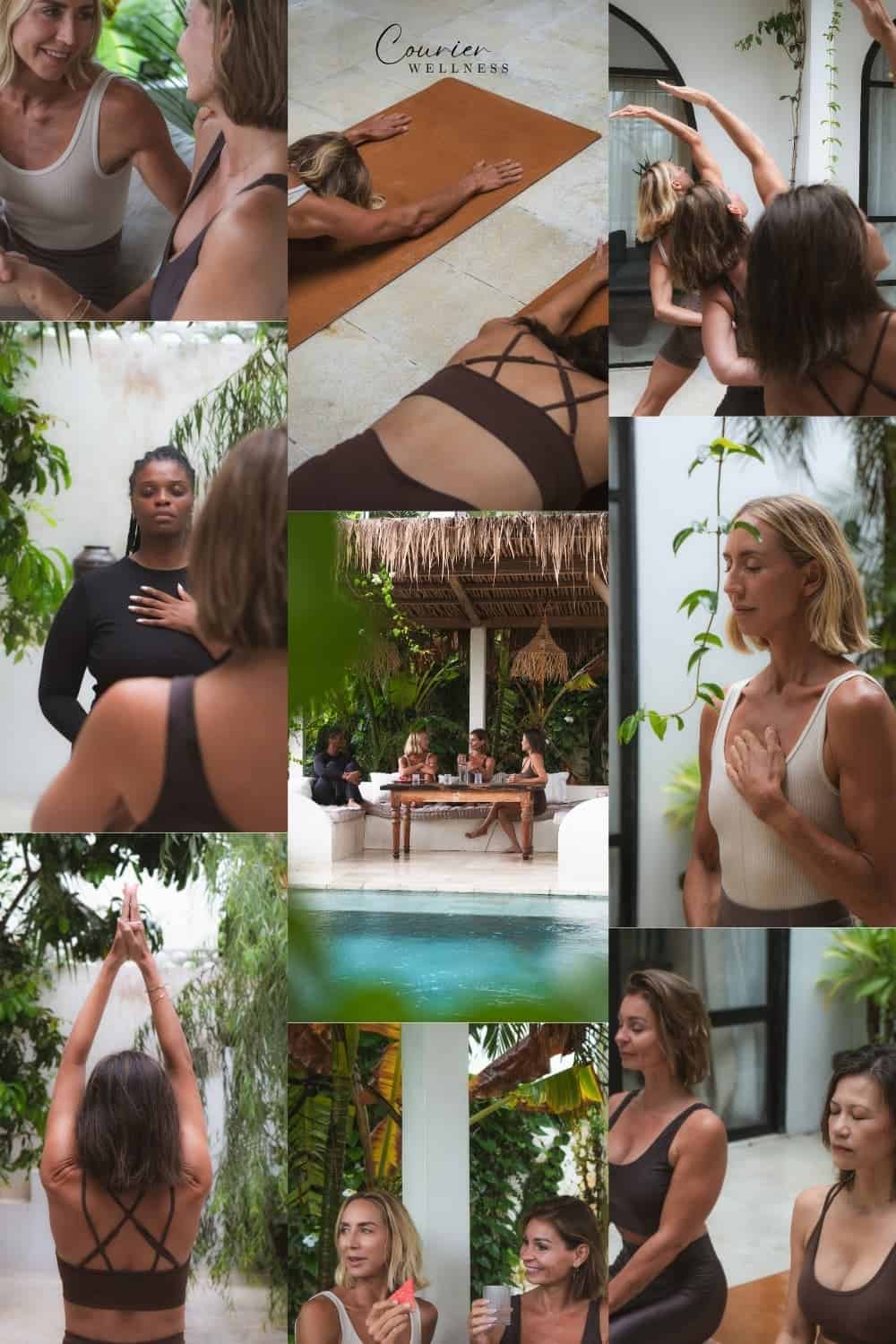 Wellness retreat moodboard with women practicing yoga and peaceful relaxation scenes.
