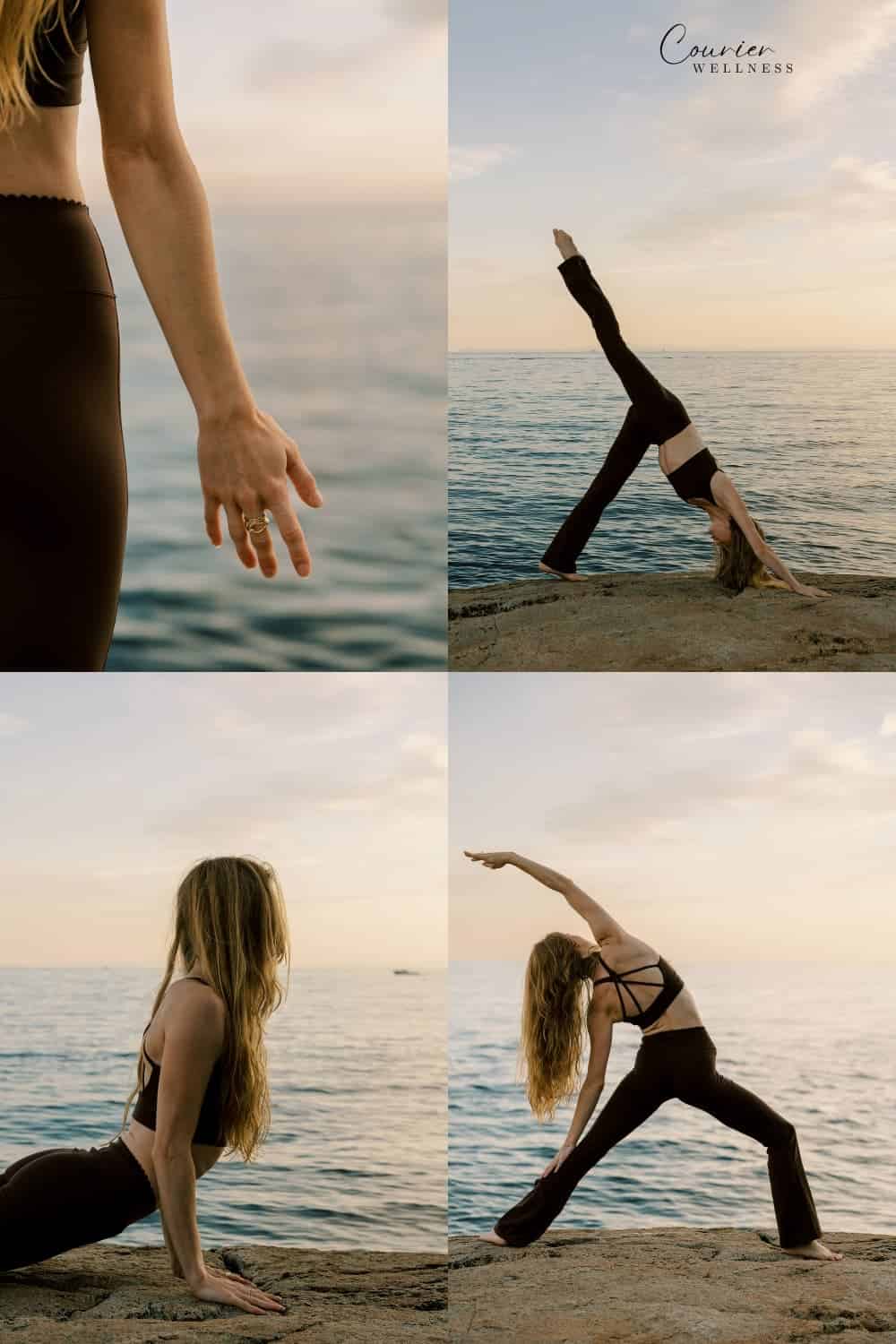 Moodboard of woman stretching in yoga poses on a rocky coastline at sunset.