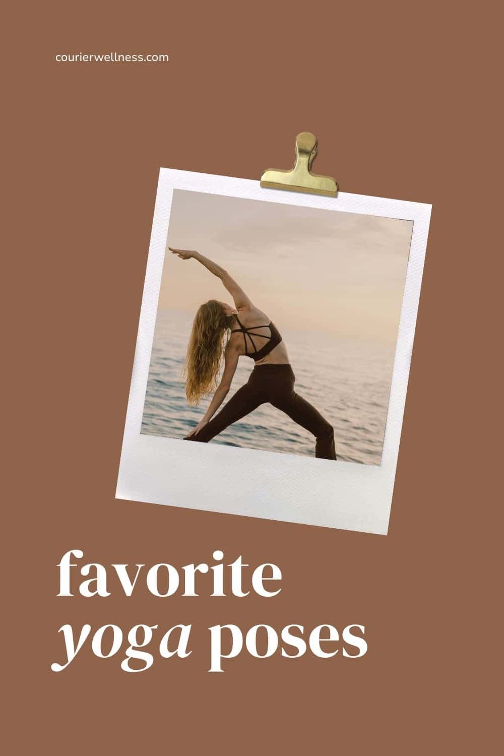 Woman practicing yoga stretch by the ocean at sunset.
