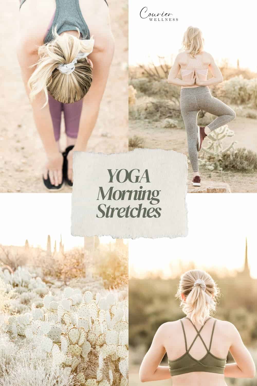 Moodboard of woman practicing yoga poses outdoors in a desert landscape.