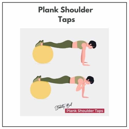 Illustration of a person performing plank shoulder taps with feet on a stability ball.